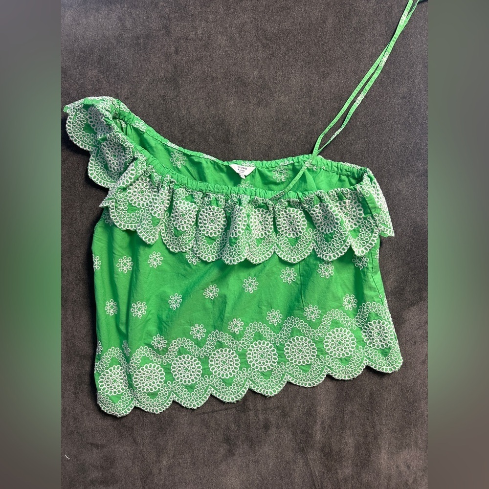 Crown & Ivy Petite Eyelet One Shoulder Top Green White Embroidered PXL